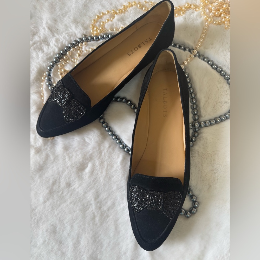 Talbots Black Francesca Driving Moccasin Loafer Beaded Bow Flats size 9 NWOT